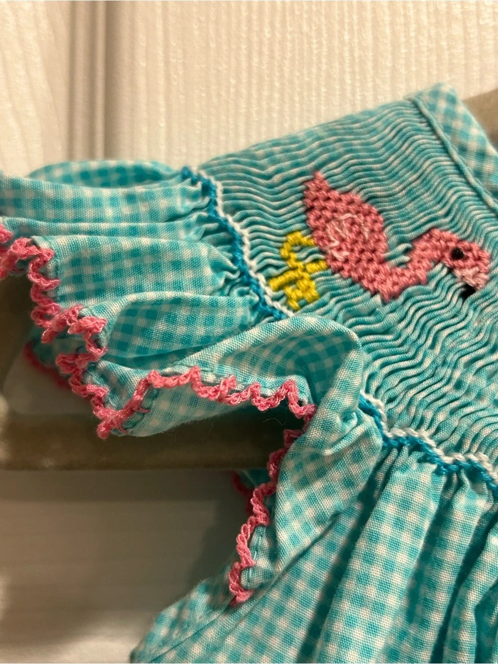 Petit Bebe Aqua Gingham bubble with Pink Flamingo Smocking | 3mo